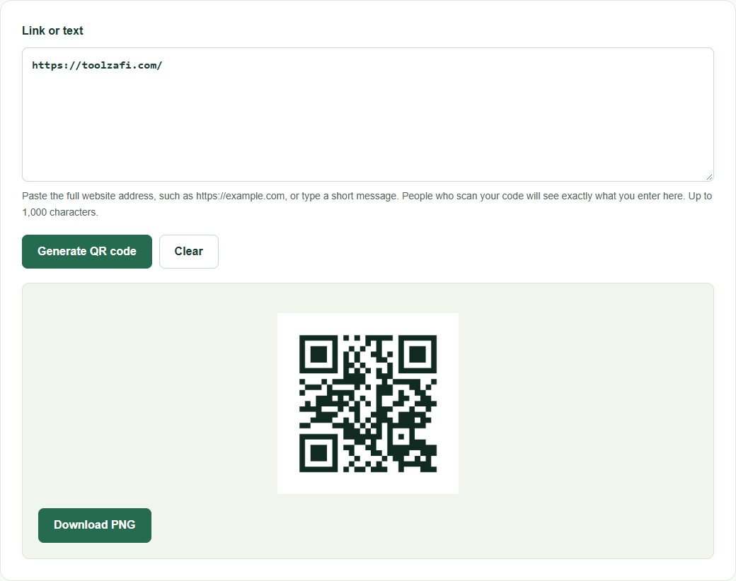 Toolzafi QR Code Generator with https://toolzafi.com/ entered, its generated QR code preview, and the Download PNG button.
